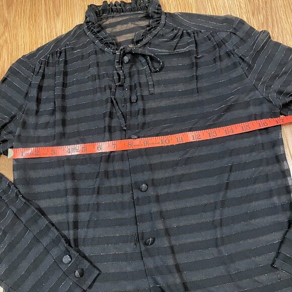 Vintage Italian Sheer Shimmer Button-Up Ribbon Blouse Black Gold - Picture 13 of 16